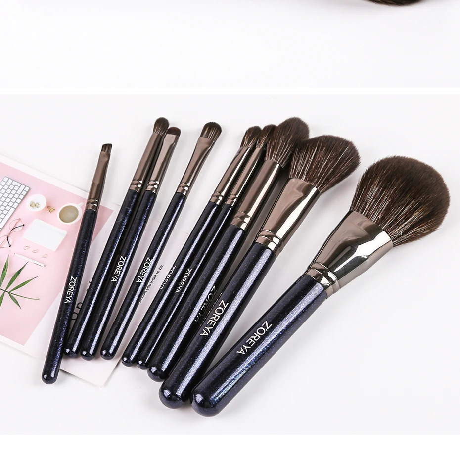 Zoreya Brand Super Soft Synthetic Hair Powder Sky Blue Makeup Brush Kit Highlighter Blush Blending Eye Shadow Brushes Set 9pcs