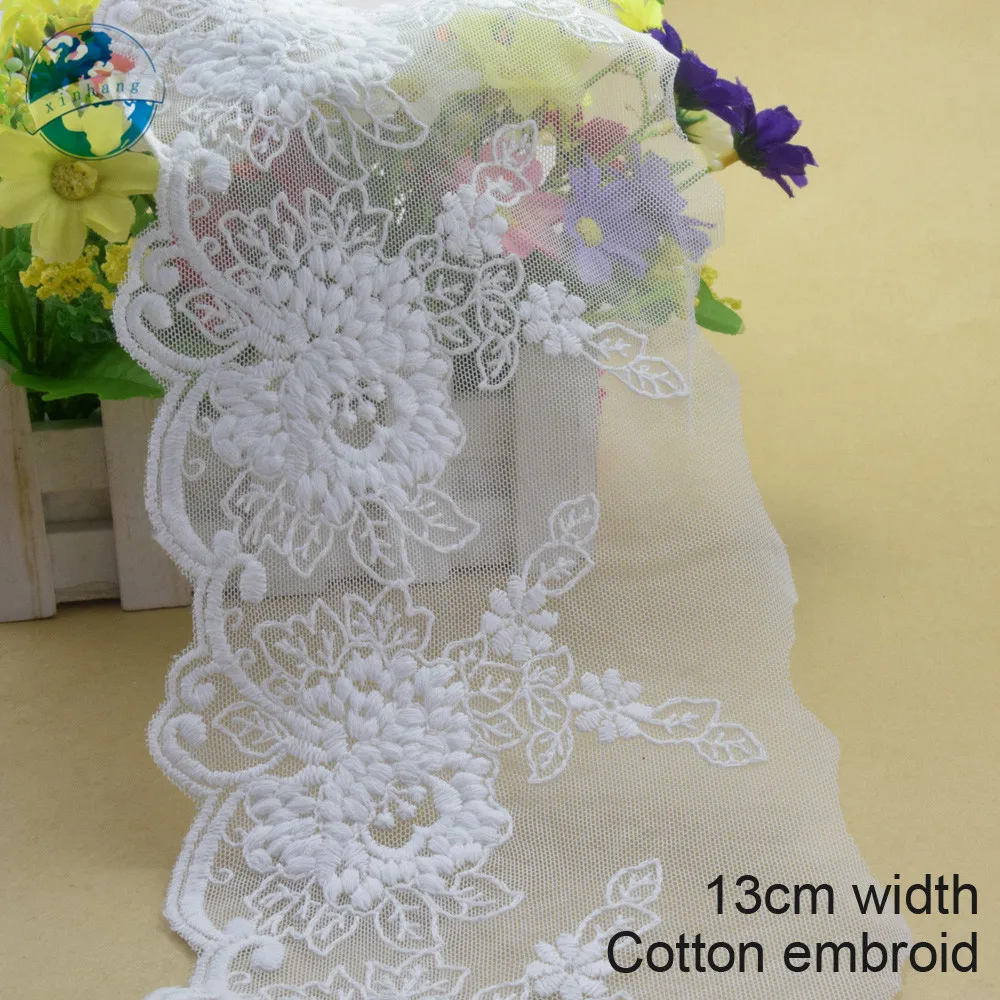 

10yards 13cm white lace cotton embroidery lace french lace ribbon fabric guipure diy trims warp knitting sewing Accessories#3392