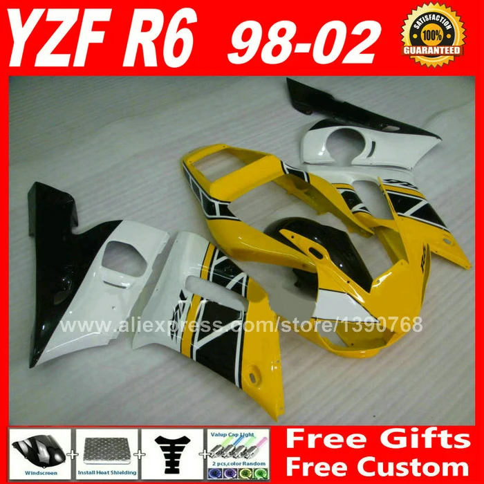 Дешевый комплект обтекателей для YAMAHA YZF R6 1998 2002 желтый пластиковый yzfr6 1999 2000 2001 98 99