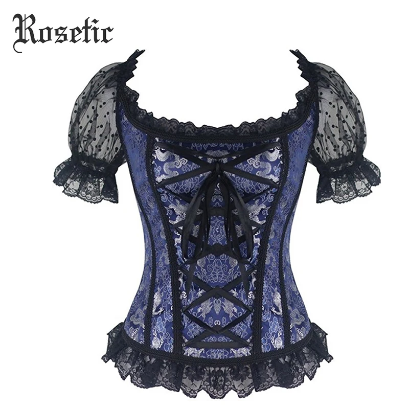 Rosetic, бюстье, корсет, женский, Лолита, черный, Повседневный, на шнуровке, модный, с принтом, с пышными рукавами, осенний, винтажный, шифон, сексуальный, Женский Готический корсет