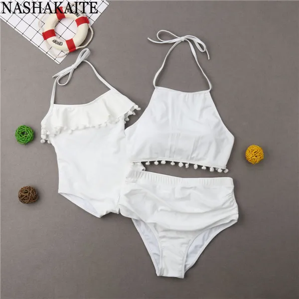 NASHAKAITE/семейный купальный костюм, однотонный купальник с кисточками и лямкой на шее, женский купальный костюм, детский купальник для мамы и дочки - Цвет: White