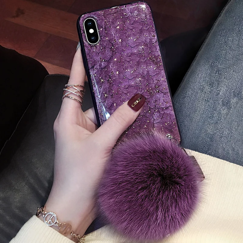 Purple Fox Fur Pendant Phone Case For iPhone XS Max XR 6 6S 7 8 Plus X Hot Cracked Marble Soft IMD Back Cover |
