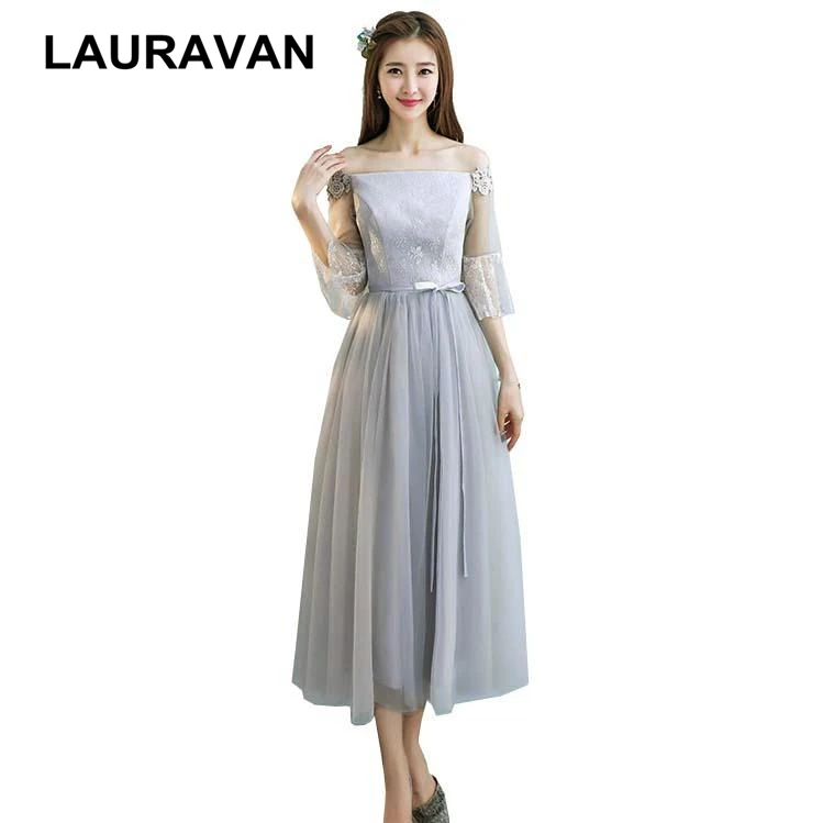 

woman grey sleeve tops tea length formal bridesmaid dresses elegant short beautiful ball gown briadsmaids dress robe soiree 2020