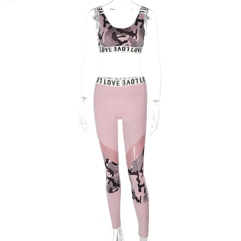 Pink SALSPOR женский набор для йоги с камуфляжным принтом костюм для фитнеса с сеткой для бега спортивный костюм пуш-ап спортивные Леггинсы тренировочная одежда для спортзала - Цвет: Pink