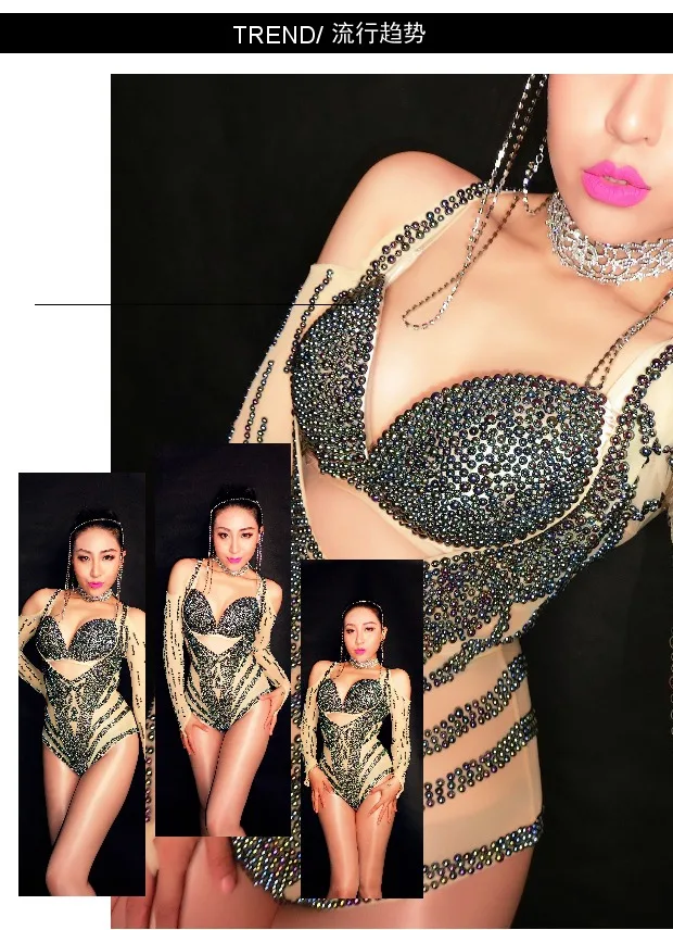 Women New sexy costume Super flashing Crystals bodysuit Bra Model Catwalk stage jumpsuit catsuit nightclub Leading dance show