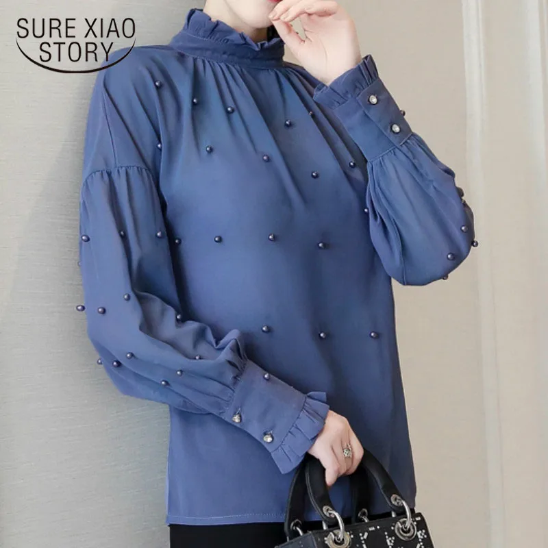 

2019 new bead chiffon women shirts lace women tops long-sleeved bottom fashion blouse loose lantern sleeve women blouses 1641 50