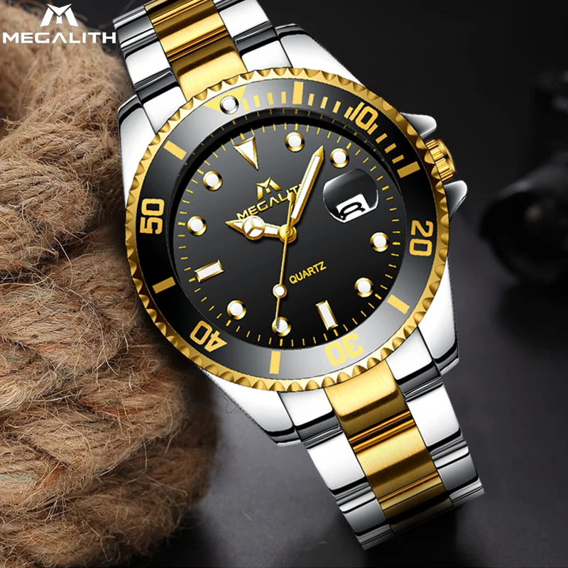 MEGALITH 2019new роскошные золотые наручные часы для мужчин Relogio Masculino Hombre великолепные кварцевые часы из нержавеющей серебра водонепроницаемые часы