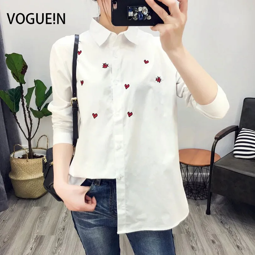 VOGUE! Новая женская белая рубашка на пуговицах с вышитым сердцем и длинным рукавом