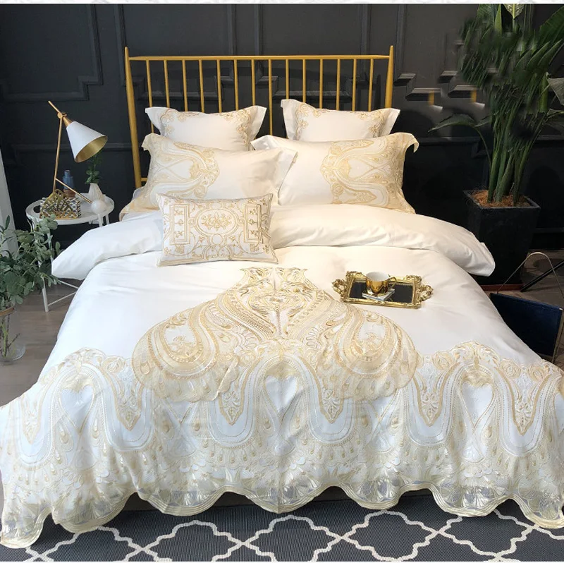 

luxury White 120S Egyptian cotton Embroidered Bedding set Queen King Europe Noble Lace Edge Duvet cover Bed sheet set Pillowcase