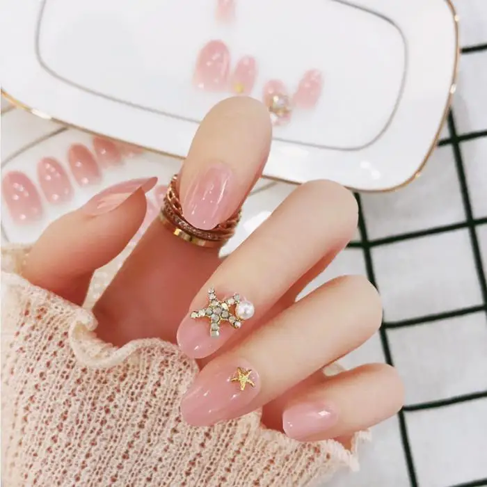 24 шт., милый светильник, розовые Искусственные накладные ногти, Стразы для ногтей, кончики для ногтей, Простой Длинный топ, полное покрытие, акриловый пресс для ногтей