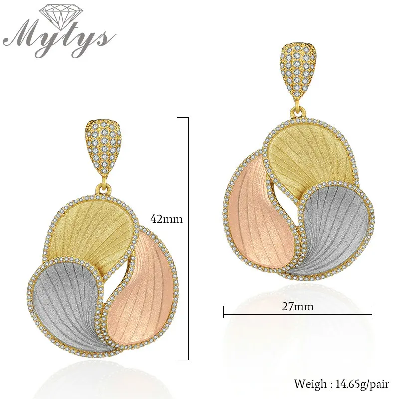 Mytys Three Tones Jewelry Sets for Women Dubai Pendant Necklace Earrings Sandblasting Brass Tricolor Gold GP Rhinestones | Украшения и