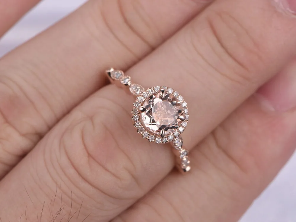 Myray 7 мм круглый натуральный розовый морганит Diamond Halo 14 К розовое золото Обручение