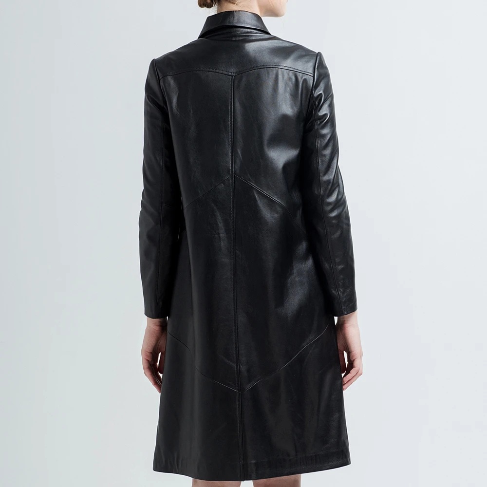 Gours Женское пальто из натуральной кожи модное Черное длинное женская ветровка