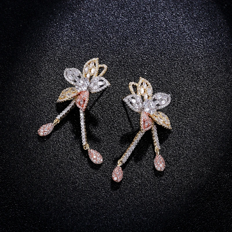 Lanyika Jewelry Luxury Bridal Flower Tassel Stud Earrings Zircon Full Micro Plated for Woman Girl Party Popular Best Gifts | Украшения и