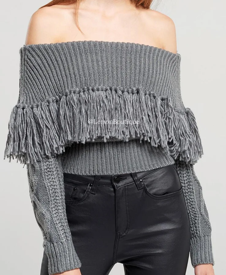 Wicky Autumn Winter New Solid Color Sweaters One Word Neck Long Sleeve Tassel Sexy Temperament Wild Sweater Female | Женская одежда