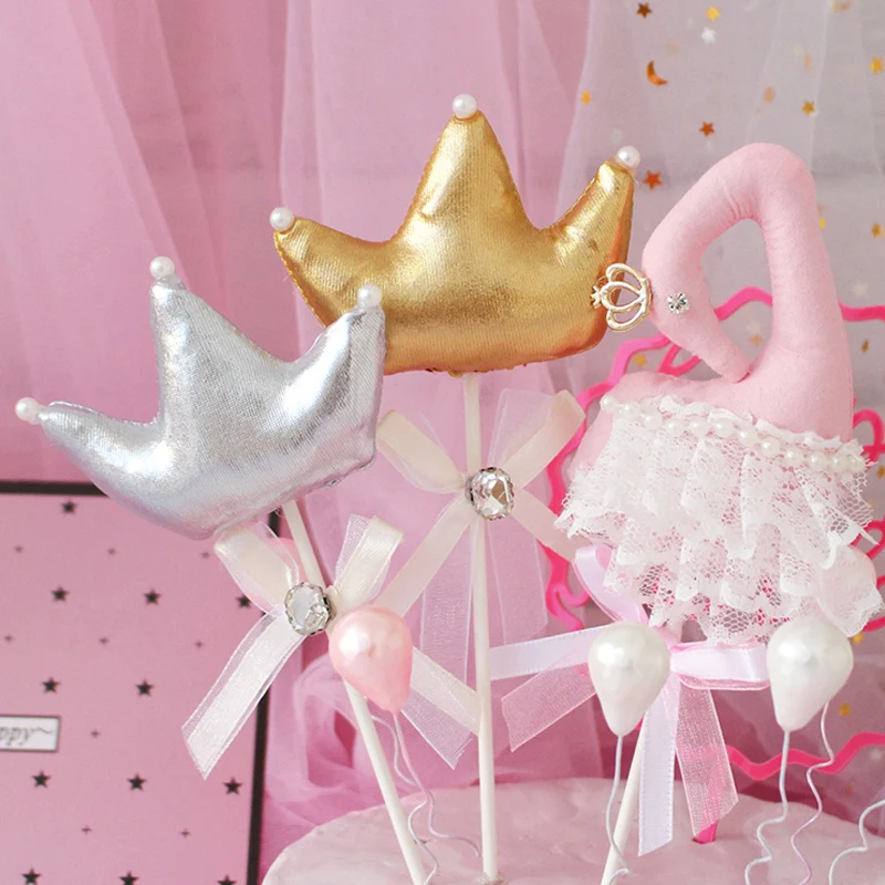 1 Pcs Cute Crown Bowknot Swan Happy Birthday Cake Topper Decoration Baby Shower Kids Party Wedding Favor Supply | Дом и сад