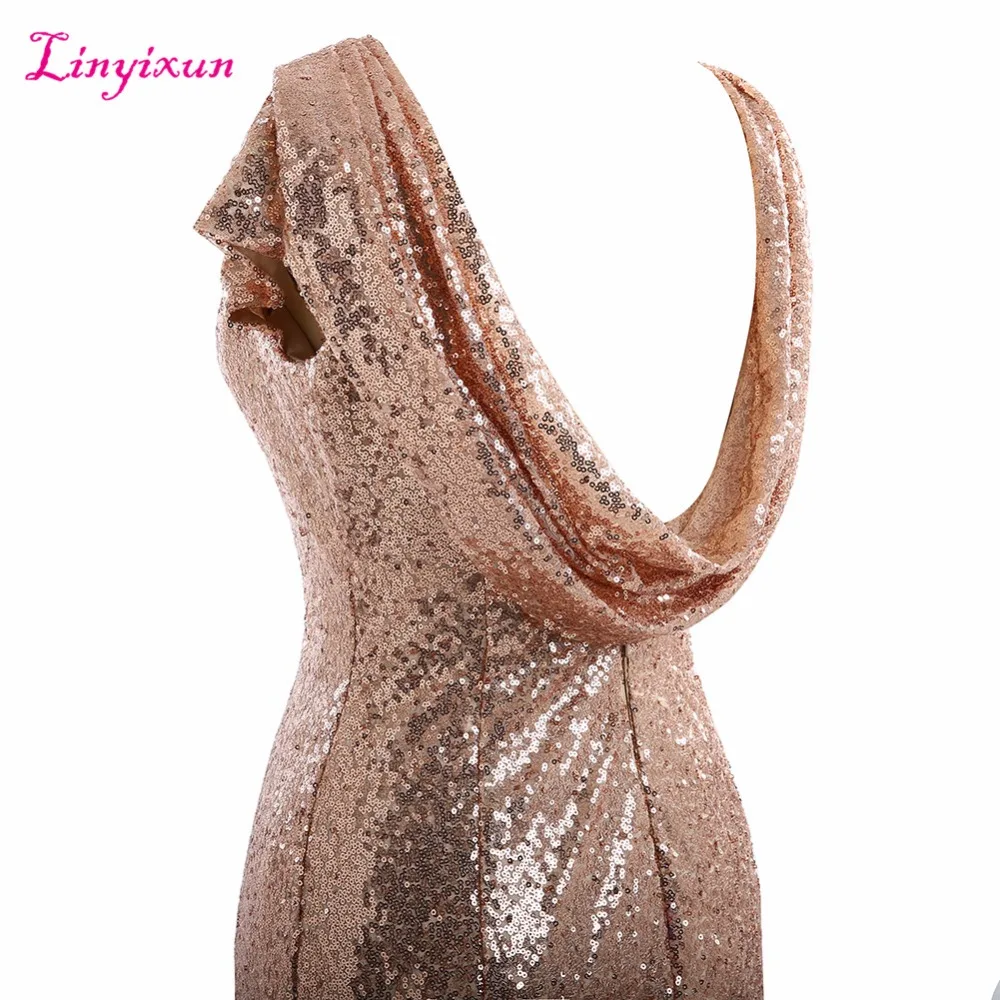 Длинное платье Linyixun цвета шампанского золотого с блестками коротким рукавом