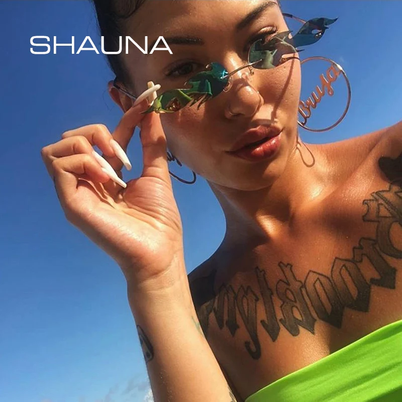 SHAUNA Ins Популярные пожарные Солнцезащитные очки женские удивительные маленькие волнистые солнцезащитные очки кошачий глаз без оправы