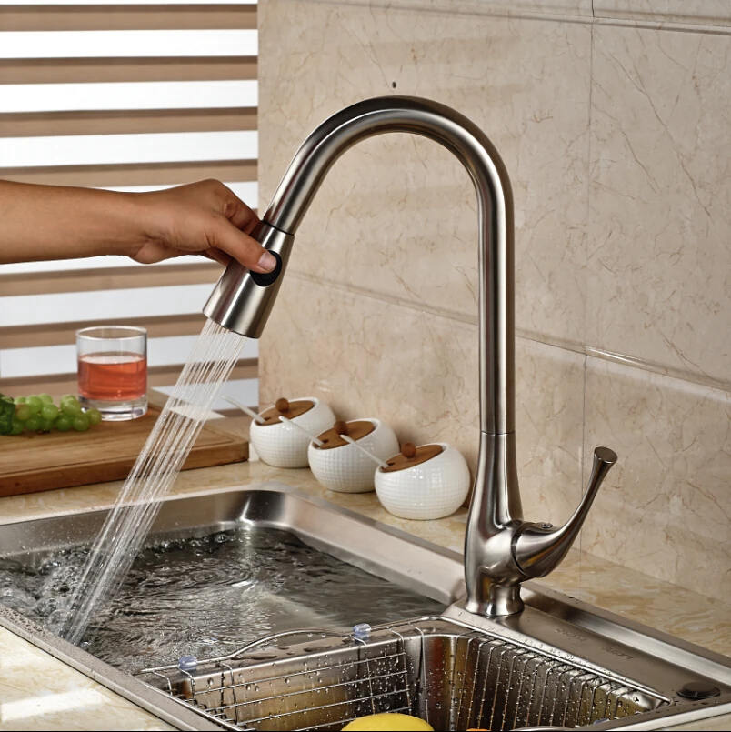 Матовый никель вытащить двойной сопла распылителя кухонная раковина кран одно