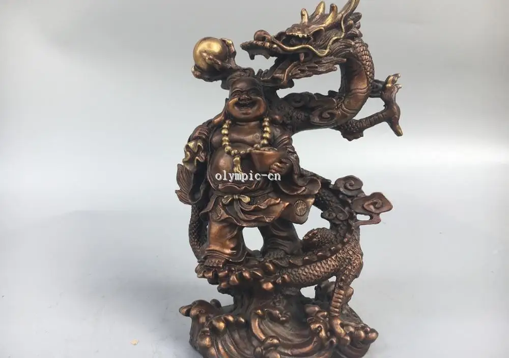 

9 ''Classica Красный Бронзовый резной, на удачу чудовище дракон и статуя Будды, символ богатства