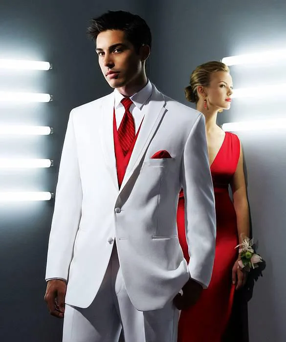 Custom Design Side Slit Two Buttons White Groom Tuxedos notched Lapel Groomsman Best man Suits ( jacket+Pants+vest+tie)