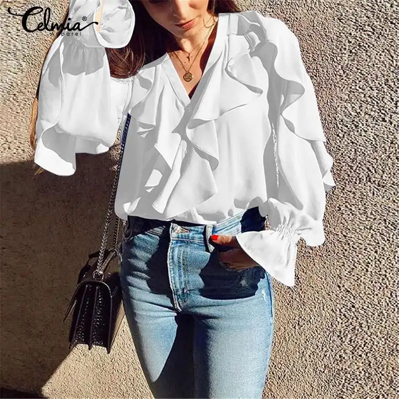 Женская блузка с оборками v-образным вырезом и длинным рукавом Повседневная