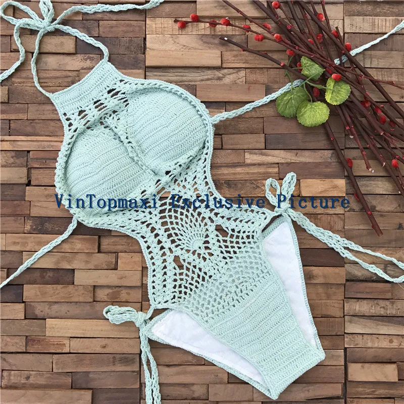 Женский ажурный трикини ручной работы вязаные крючком костюмы с высоким воротом