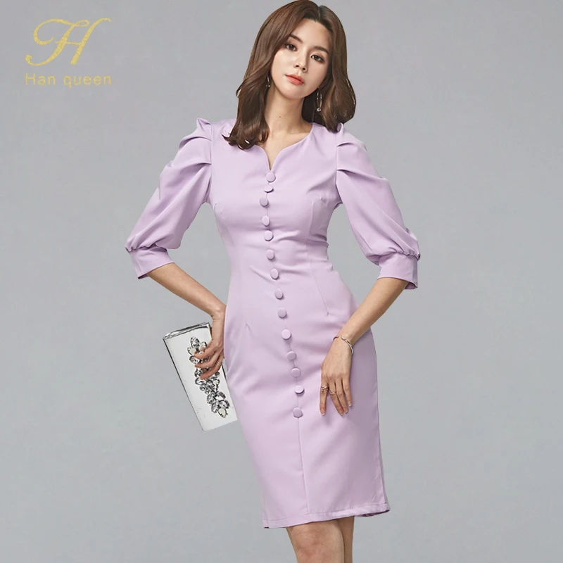 Женское однобортное платье карандаш H Han Queen облегающее футляр с пышными рукавами