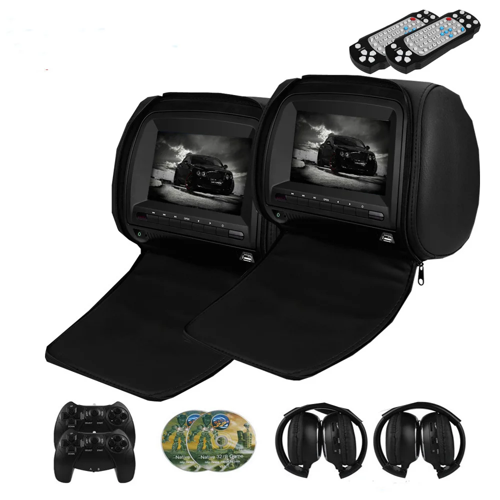 Black with headphone 2 шт. 7 дюймов Автомобильный подголовник монитор dvd-плеер с застежкой-молнией TFT ЖК-экран поддержка IR/FM Transmitte/USB/SD/динамик/игра - Цвет: Black with headphone