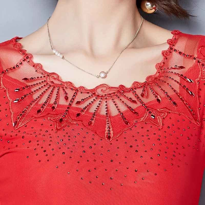 2017 Весна Осень Топы Сетка кружевная блузка рубашка женская сексуальная рубашки