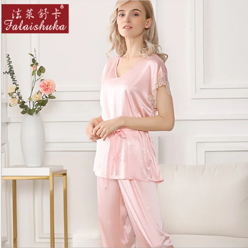 Silk Pajamas Summer sleepwear 2019 Pijamas women pajama set night suit nightwear silk stain pink blue short sleeve sleepwear set