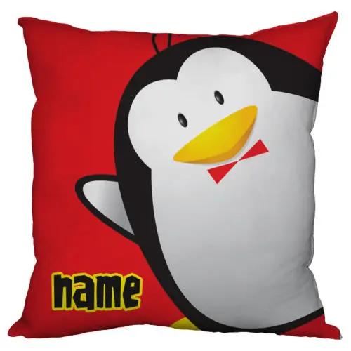 

Cute Personalized Custom Name Penguin Cushion Cover Throw Pillow Case Kids Birthday Gift Red Personalised Decor 18" Two Sides