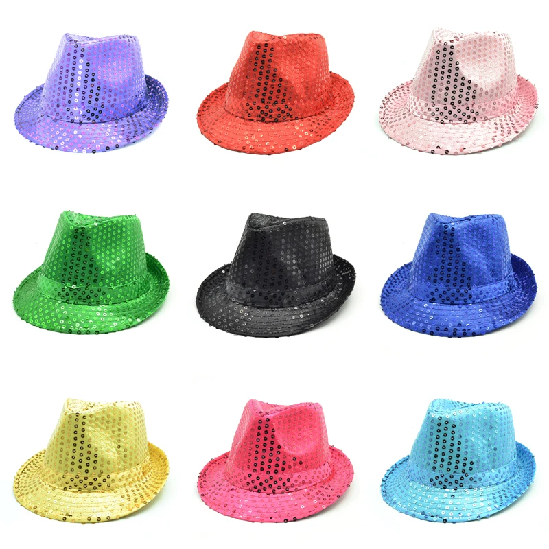 

Fashion Adult Unisex Brilliant Glitter Sequins Hat Dance Show Party Jazz Hat Show Stage props Beading Caps Fedoras 10 colors
