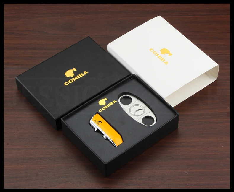 COHIBA из нержавеющей стали Острый сигарный Нож металлический ветрозащитный 3 струйный газовый сигаретный прикуриватель W/удар аксессуары для сигар набор