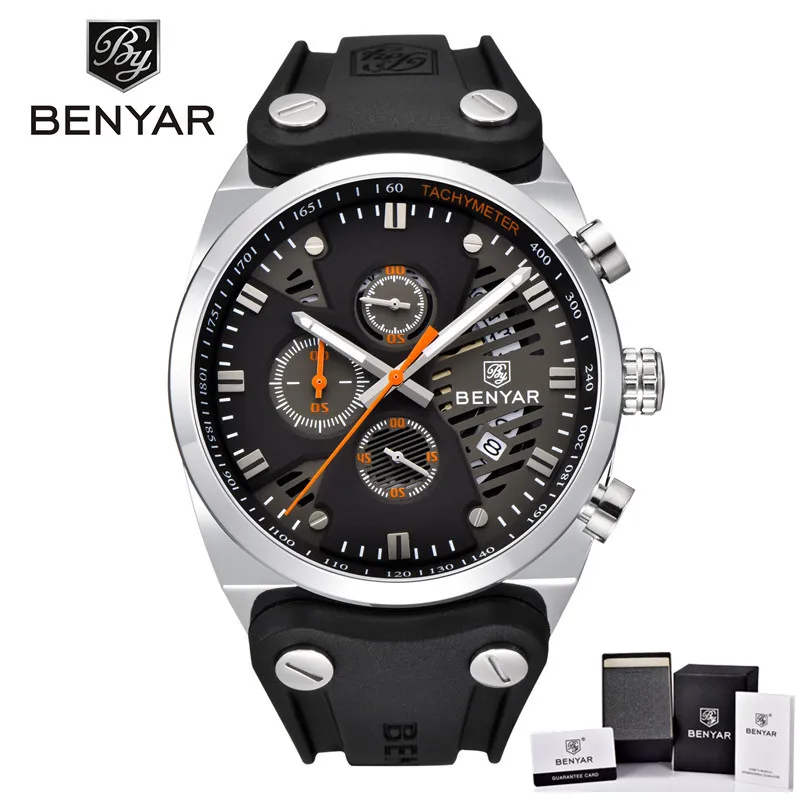 BY511004 with box Мужские часы benyar мужские часы лучший бренд класса люкс Хронограф Спортивные мужские часы военные из натуральной кожи новые кварцевые наручные часы - Цвет: BY511004 with box