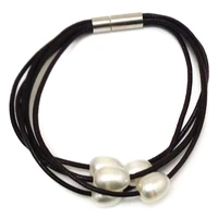7 5 inches 5 rows black leather cord natural white rice pearl bracelet