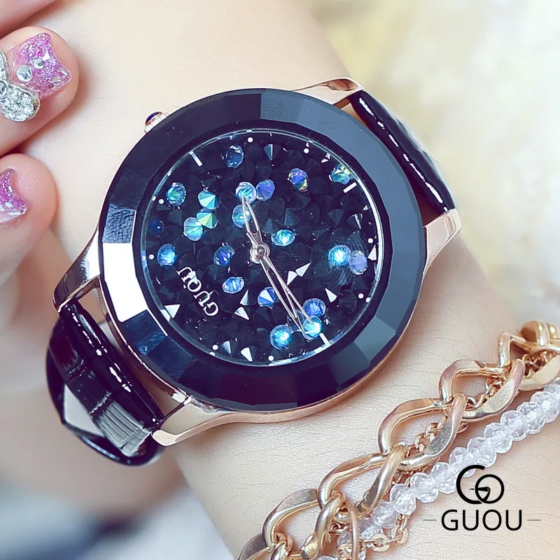 Часы GUOU женские модные кварцевые со стразами кожа | Наручные часы