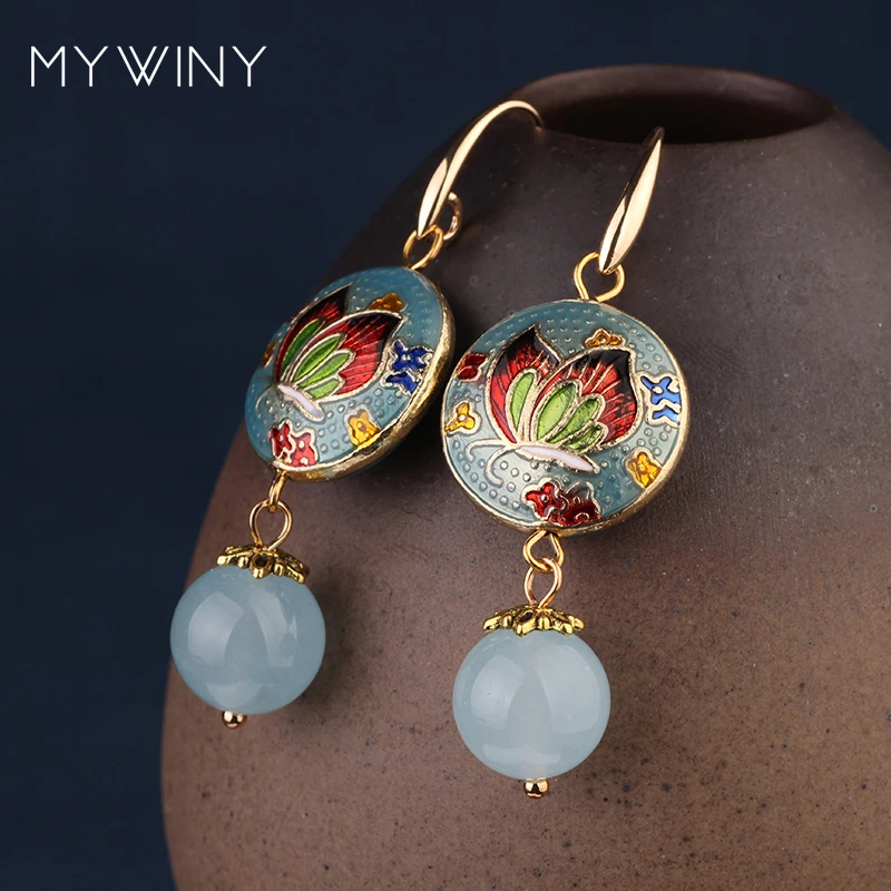 Новые модные ювелирные изделия MYWINY, медные ювелирные изделия, Перегородчатые цветы лотоса, Винтажные серьги-бабочки для женщин, китайский ветер