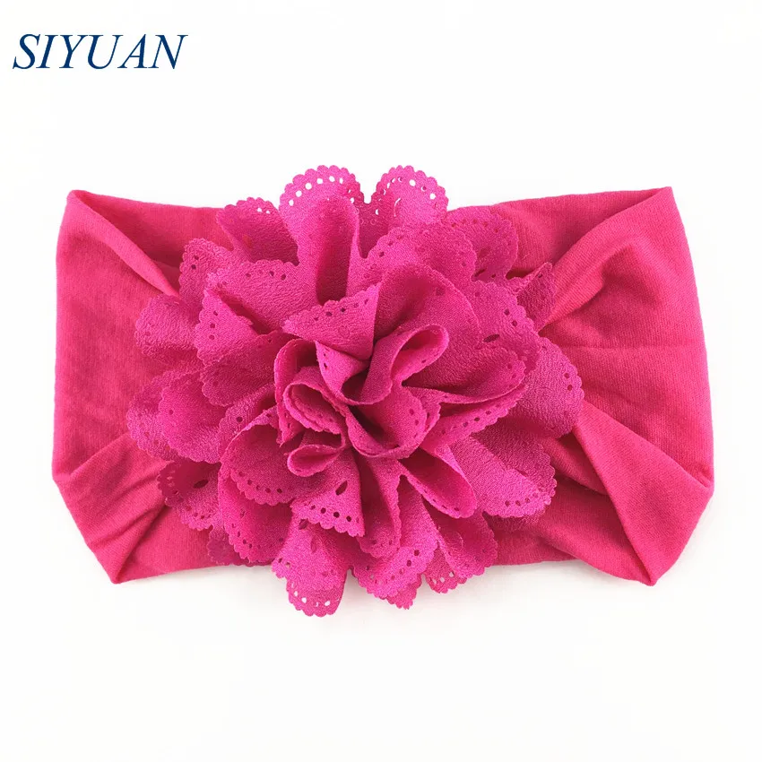 20pcs/lot You Pick Color Wide Nylon Elastic Headband with 3'' Eyelet Chiffon Fabric Flower DIY Hair Accessories For Party HB082 |