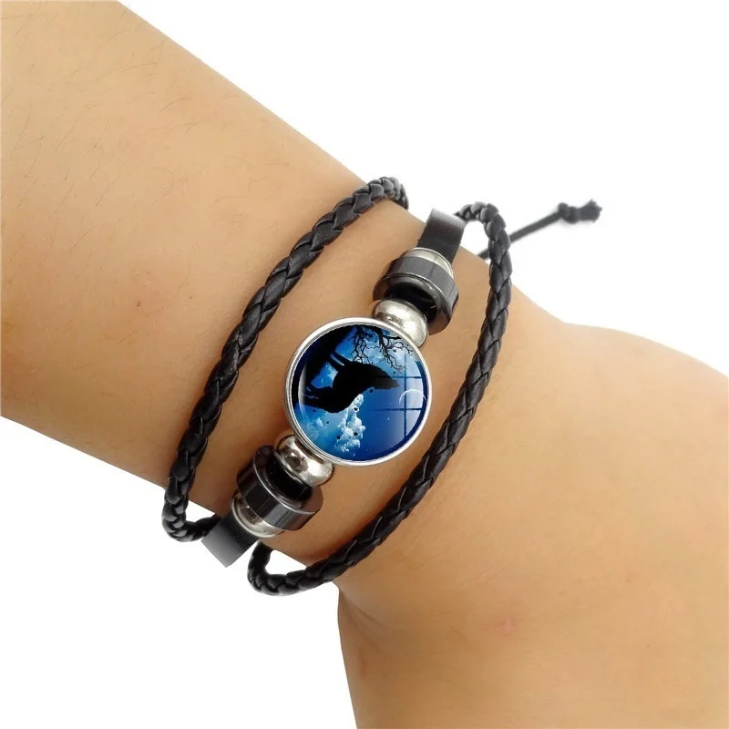 Fashion Black Leather Bracelet Wolf Head Glass Metal Buckle Punk Jewelry Weave Multilayer Charm Women Men | Украшения и