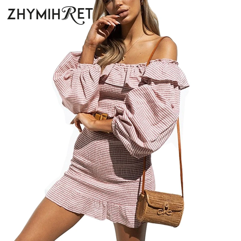 ZHYMIHRET/розовые платья в полоску с вырезом лодочкой для девочек осенние облегающие