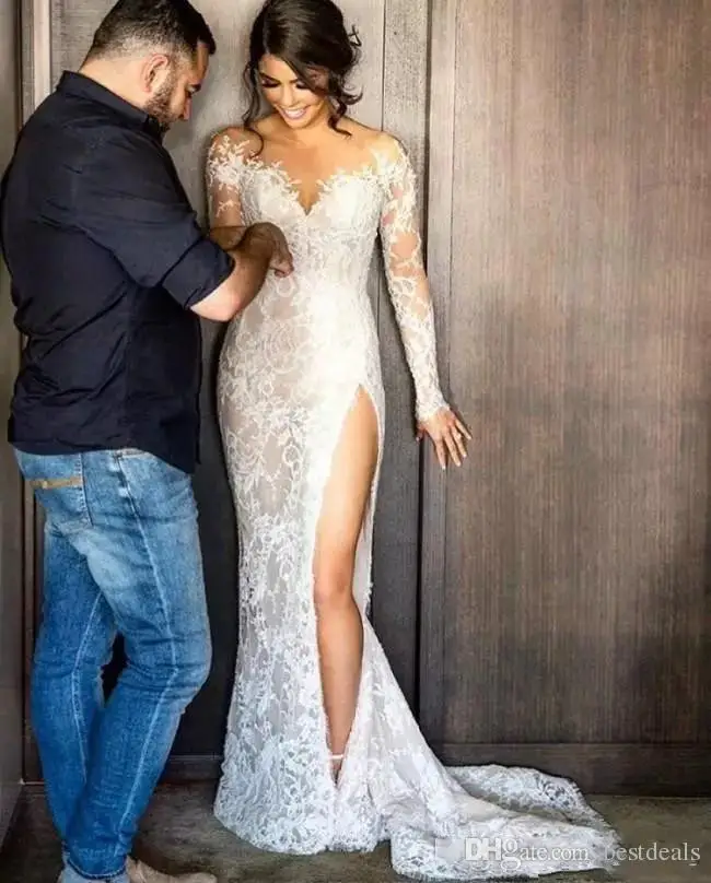 Платье с длинным рукавом Steven Khalil кружевное отделанное сатиновой юбкой|Свадебные
