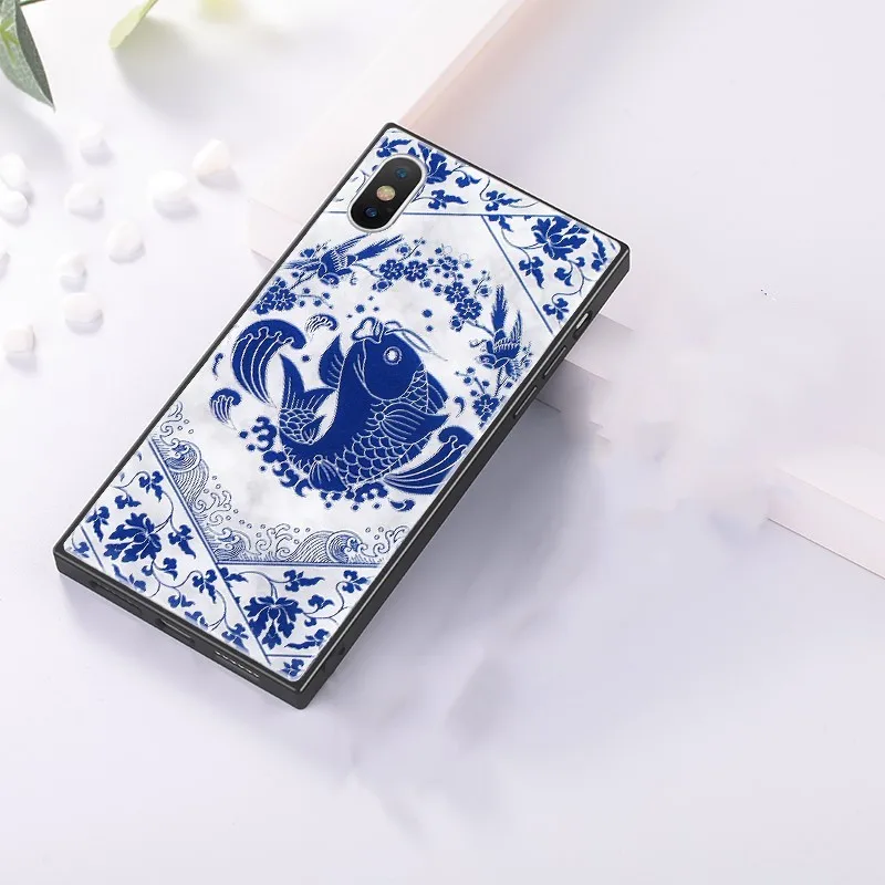 FTAIDKJ китайский стиль синий и белый фарфоровый мраморный чехол для iPhone X 10 7 8 Plus 6 6S Plus роскошное квадратное закаленное стекло крышка - Цвет: Fish Case Only