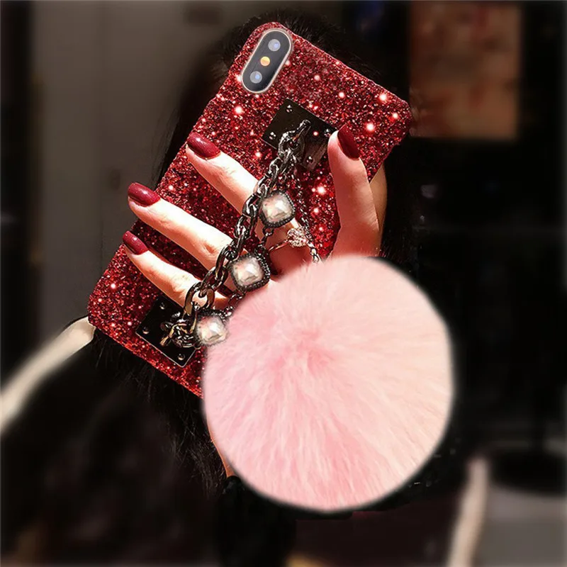1 шт. Bling чехол для iphone 6 6s 7 8 8 плюс драгоценный металл цепи держатель горный хрусталь кристаллы лисий мех мяч чехол для телефона для iphone X - Цвет: Red and Ball Pink