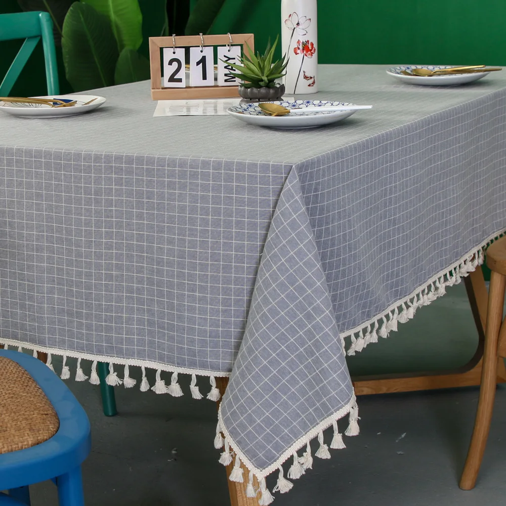 European Hot Gray Small Plaid Tablecloth Country Style Polyester Cotton Tassel Dinner Table Cloth Mat Cover | Дом и сад