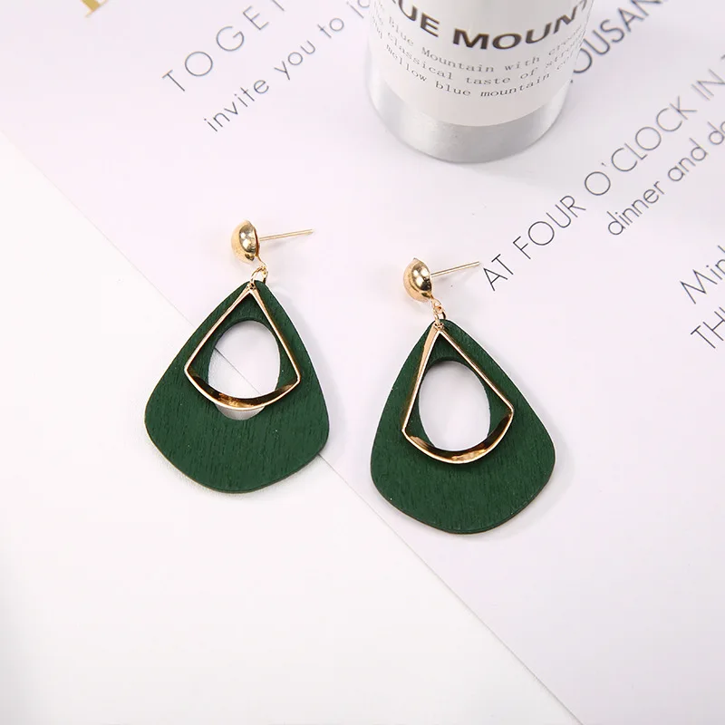 Coffee Green Red Hollow Wooden Drip Golden Metallic Hoop Fashion Dangle Earrings Drop for Women | Украшения и аксессуары
