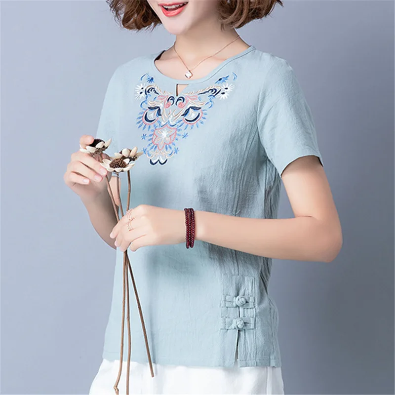 2019 модные летние женские льняные рубашки с коротким рукавом футболки круглым