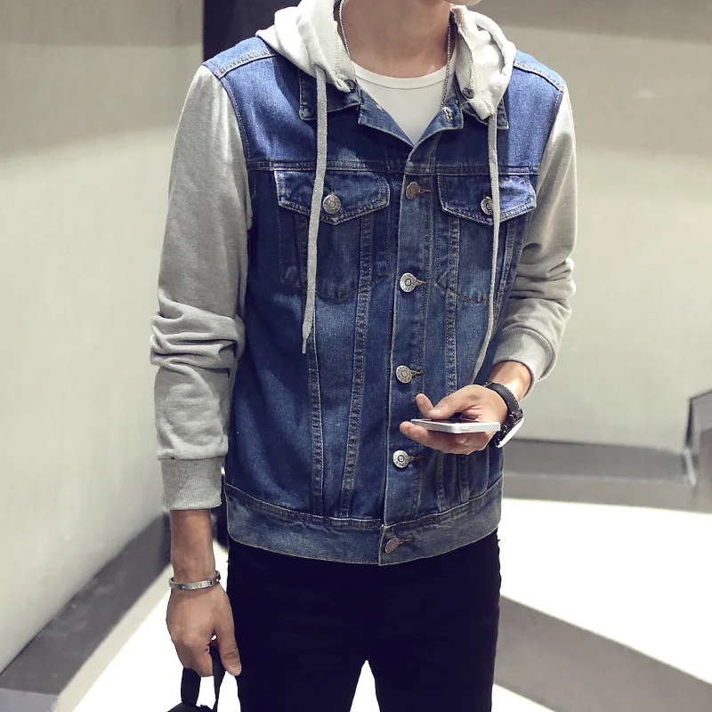 Мужская джинсовая куртка с капюшоном в стиле пэчворк уличная одежда Харадзюку