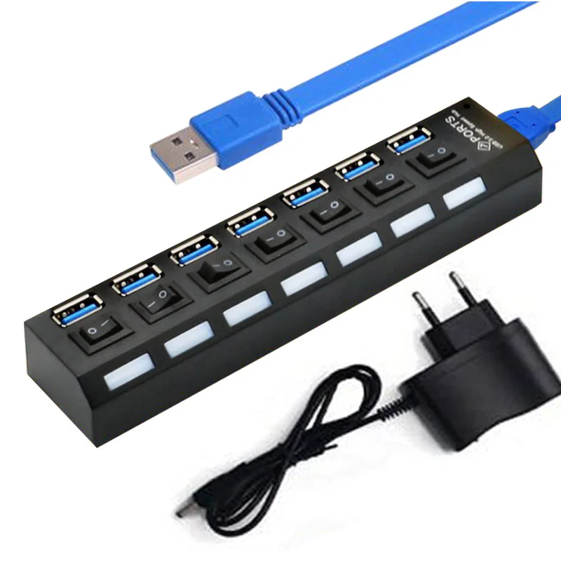 7 prot usb EU plug USB 3,0 концентратор 4/7 порт несколько USB концентратор высокая скорость 5 Гбит/с вкл/выкл. Переключатель USB сплиттер с адаптером питания usb 3 концентратор для ПК ноутбука - Цвет: 7 prot usb EU plug