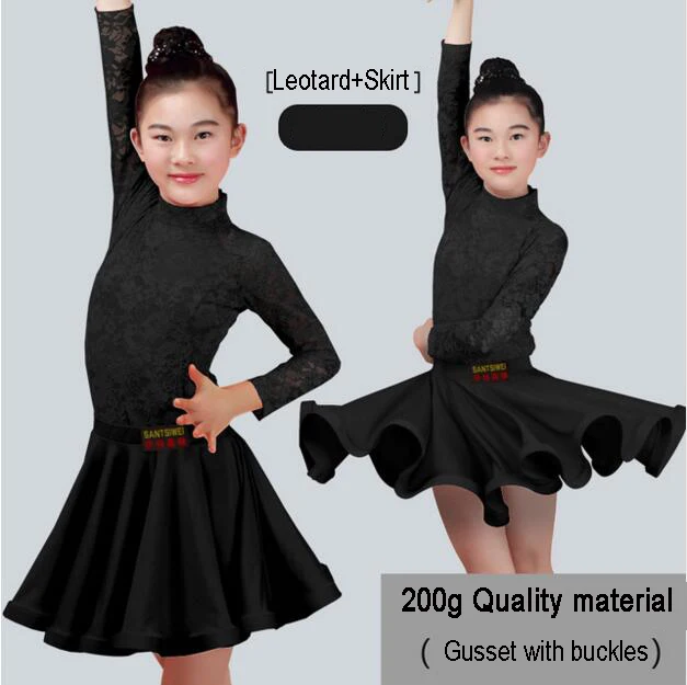 Black Long Sleeve Детская Юбка для латинских танцев для девочек, детское кружевное платье с разрезом для выступлений и соревнований, стандартное платье - Цвет: Black Long Sleeve